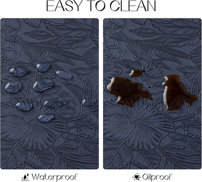 Romanstile Vinyl Placemats Set of 6-12 X 18 Inch - Heat Resistant Non-Slip Embossed Floral Place Mats 100% Waterproof Oilproof Wipeable Faux Leather Table Mats for Kitchen/Dining/Party, Navy Blue