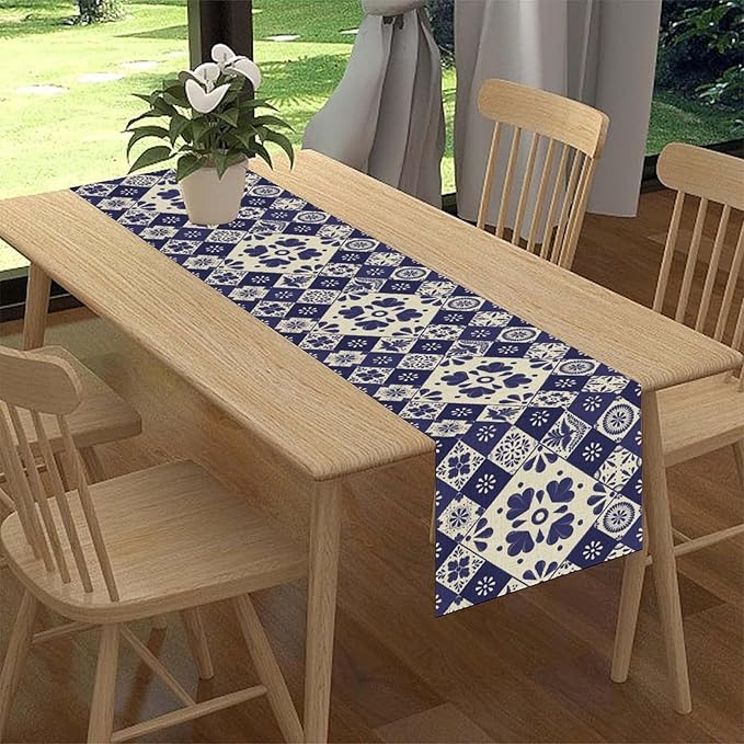 Mexican Table Runner, Blue Floral Birds Mexico Talavera Ceramic Dia De Los Muertos Coffee Table Center Decor for Family Home Kitchen and Dining Farmhouse Indoor Outdoor Table Decorations, 13" X 36"