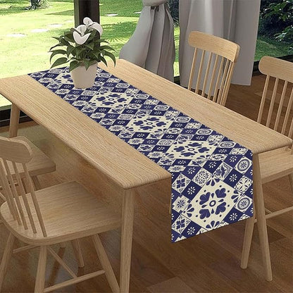 Mexican Table Runner, Blue Floral Birds Mexico Talavera Ceramic Dia De Los Muertos Coffee Table Center Decor for Family Home Kitchen and Dining Farmhouse Indoor Outdoor Table Decorations, 13" X 108"