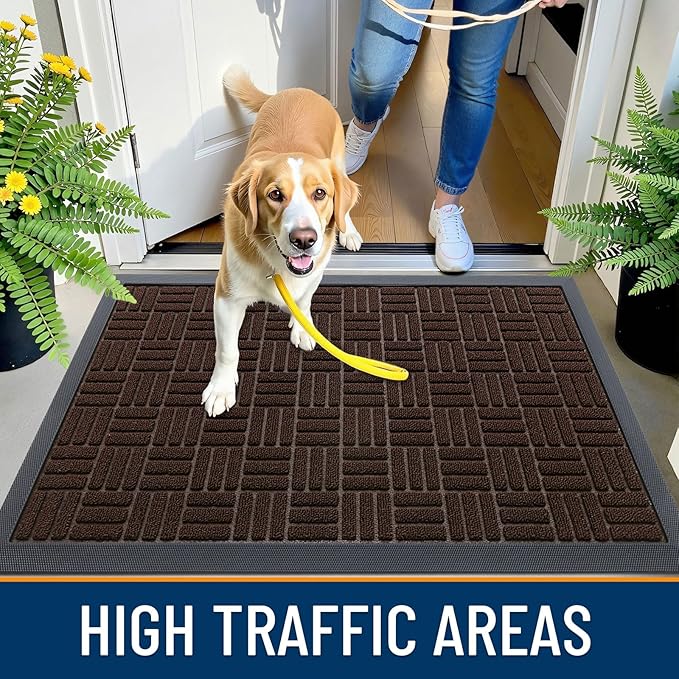 OLANLY Front Door Mat Outside Entrance 29.5x17, Absorbent, Heavy Duty Sturdy Natural Rubber Doormat Indoor Outdoor, Stain and Fade Resistant, Non-Slip Backing Low Profile Floor Mat for Entryway, Brown