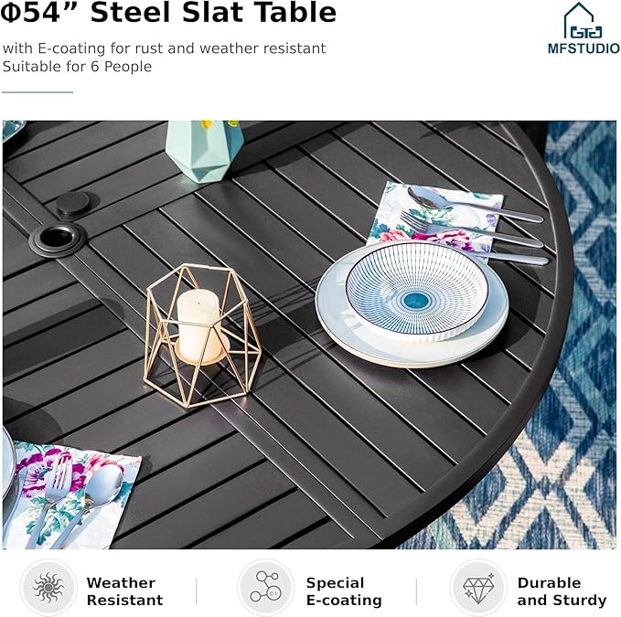 MFSTUDIO 5 Piece Outdoor Dining Set, 42'' Outdoor Round Table and Chairs, Heavy Duty Patio Dining Furniture Metal Table Set for 4 with Cushioned Chairs, Porch, Backyard