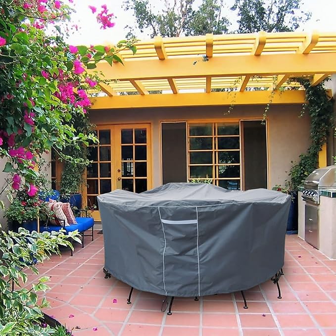 Gasadar Round Outdoor Furniture Cover Waterproof, Round Patio Furniture Covers for Patio Table and Chairs Set, Heavy Duty 600D, 62" Dia x 28" H, Grey