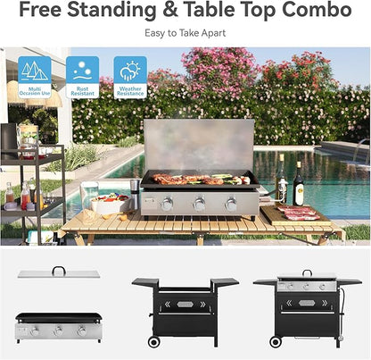 GREEN PARTY 3 Burner Propane Gas Griddle with Removable Standing Cart, Convertible to Tabletop Design, 27 inch Flat Top Grill for Outdoor Cooking Camping Tailgating Barbecue