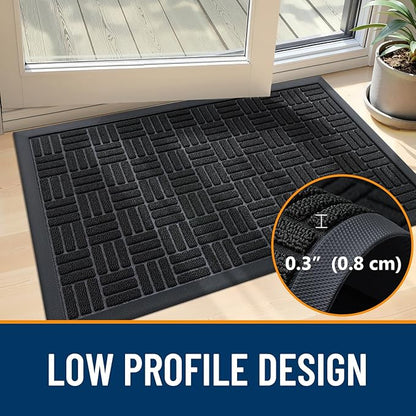 OLANLY Front Door Mat Outside Entrance 29.5x17, Absorbent, Heavy Duty Sturdy Natural Rubber Doormat Indoor Outdoor, Stain and Fade Resistant, Non-Slip Backing Low Profile Floor Mat for Entryway, Black