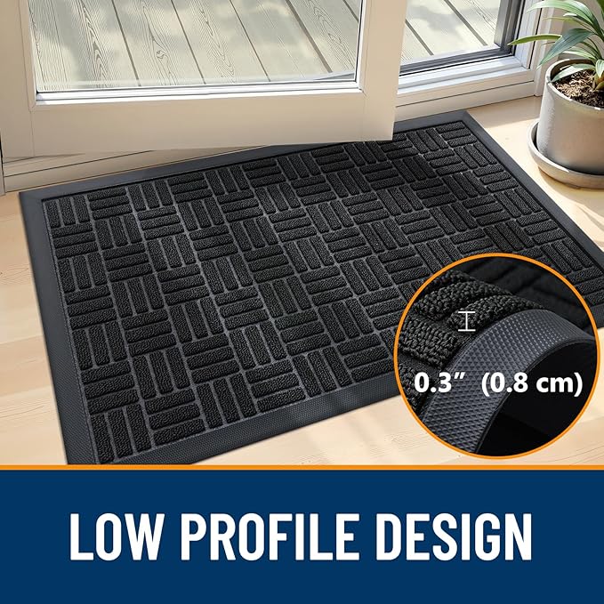 OLANLY Front Door Mat Outside Entrance 59x34, Absorbent, Heavy Duty Sturdy Natural Rubber Doormat Indoor Outdoor, Stain and Fade Resistant, Non-Slip Backing Low Profile Floor Mat for Entryway, Black