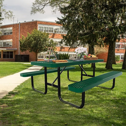 72'' Rectangular Steel Picnic Table for Outdoors,Commercial Metal Picnic Table Bench Set with Umbrella Hole,School Canteen Table W/Seats - Heavy Duty Sturdy Picnic Tables Furniture for Patio Garden
