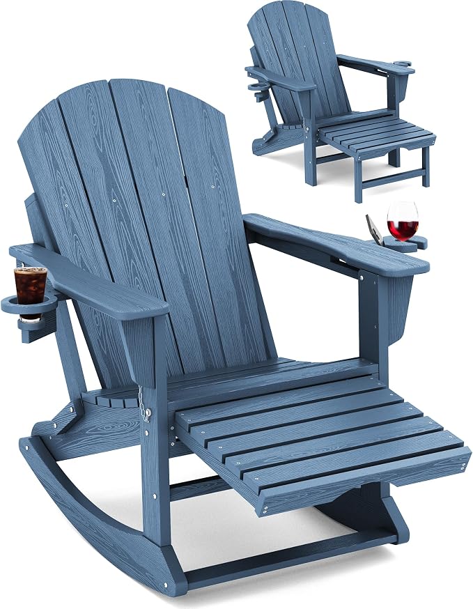 Adirondack Rocking Chair with Ottoman and Cup Holders | HDPE Porch Rocker by KINGYES