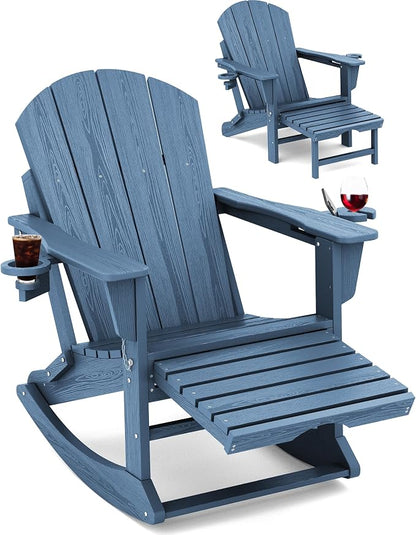 Adirondack Rocking Chair with Ottoman and Cup Holders | HDPE Porch Rocker by KINGYES