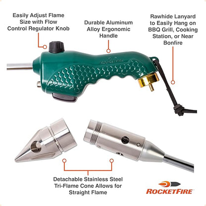 ROCKETFIRE Fire Starter Torch | Perfect Propane Torch Head, Grill Gun, Charcoal Torch | Compatible with Bernzomatic Propane & MAP/PRO Fuels | Tri-Flame Tip | Fuel NOT Included | Case Included | Black