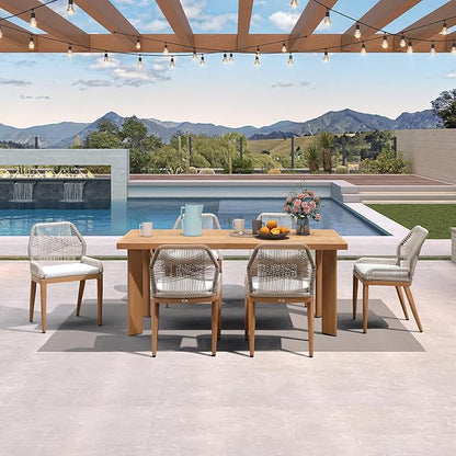 PURPLE LEAF 7 Pieces Patio Dining Set Aluminum Modern Rectangular Table and Wicker Chairs with Cushions for Kitchen Porch Garden Outdoor Furniture Sets, Teak