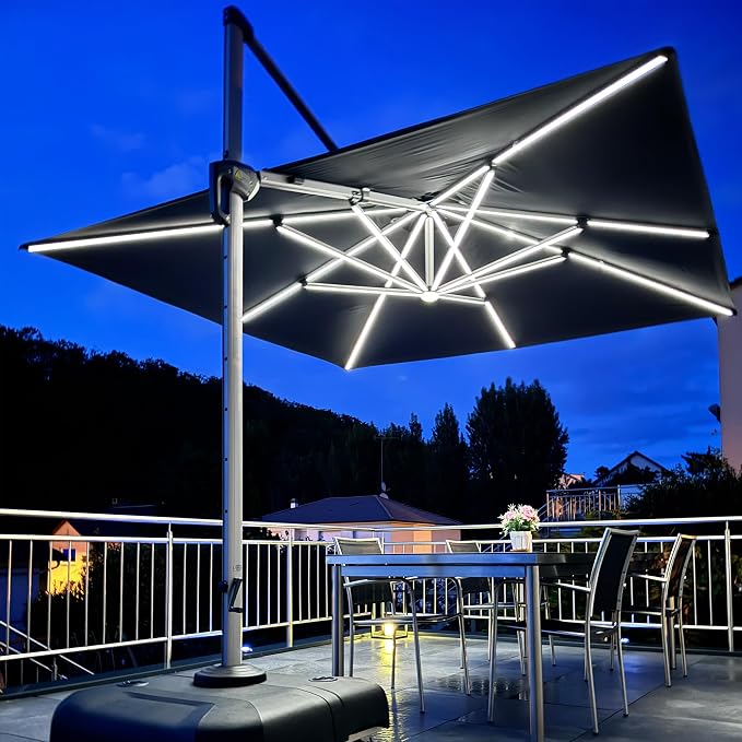 PURPLE LEAF Cantilever Umbrella 10' X 10' Double Top Solar LED Light, Stays by PURPLELEAF
