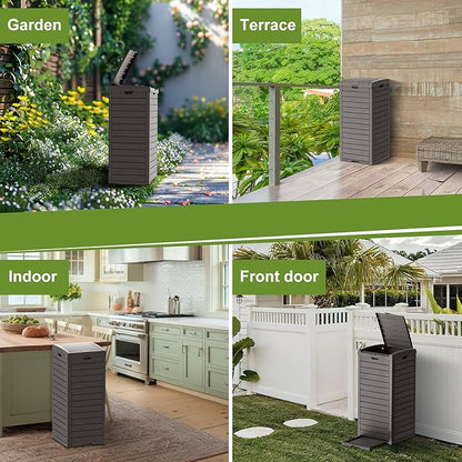 38 Gallon Outdoor Trash Can with lid,Waterproof,UV-Resistant Resin Garbage Can,Lockable Lid and Drip Tray,Trash Bin for Patio,Kitchen, Backyard and Deck(Grey)