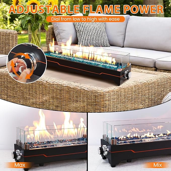 GRISUN 28" Table Top Propane Fire Pit, 45,000 BTU Tabletop Gas Fire Pit, Tabletop Firepit for Patio, Outdoor Portable Fireplace, Rectangular Fire Bowl with Glass Wind Guard, Glass Beads & Cover