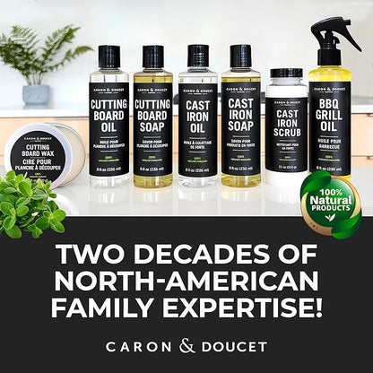 CARON & DOUCET - Ultimate Cast Iron Set: Seasoning Oil, Cleaning Soap & Restoring Scrub | 100% Plant-Based & Best for Cleaning Care, Washing, Restoring & Seasoning Skillets, Pans & Grills!