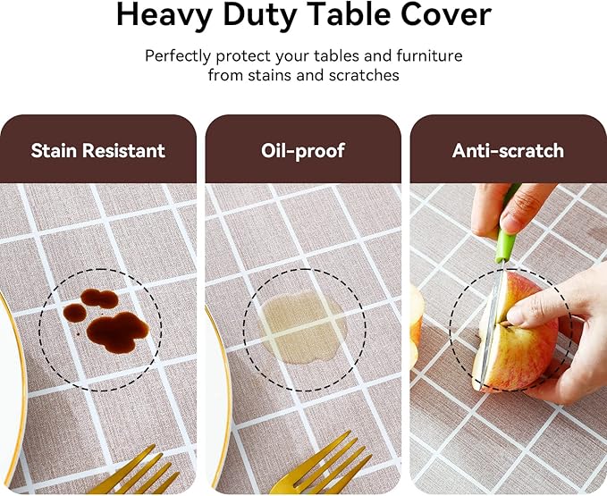 Romanstile Rectangle Vinyl Tablecloth, 100% Waterproof Oil-Proof Checkered Plastic Table Cloth, Heavy Duty Wipeable Table Covers for Dining, Camping, Picnic, Outdoor - 54 x 108 Inch, Sand