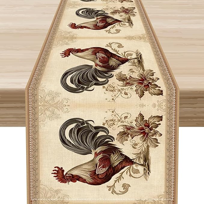 Farmhouse Rooster Table Runner, Vintage Rooster Retro Farmhouse Country Chicken Coffee Table Center Decor for Home Kitchen Dining Patio Holiday Party Indoor Outdoor Table Decorations 13"x72"
