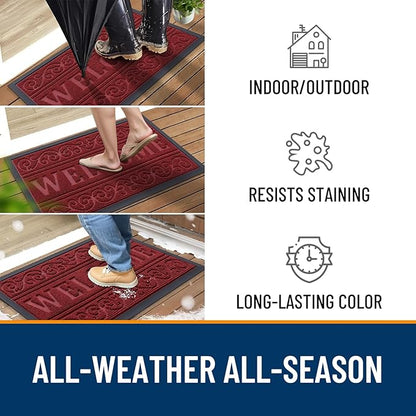 OLANLY Welcome Door Mat Indoor Outdoor Entrance, Heavy Duty Sturdy Front Door Mat, Waterproof All-Weather Doormat, Stain Resistant, Low Profile, Easy Clean Patio Entryway Mat, 36 x 24, Wine Red
