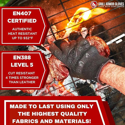 Oven Gloves with Fingers - 932°F Extreme Heat Proof and Cut Resistant Mitts for Kitchen, BBQ, Grill, Baking, Fire Pit - EN407 Certified with Non-Slip Silicone Grip and Cotton Lined for Comfort