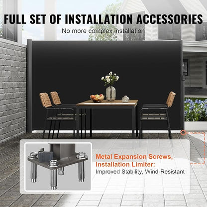 VEVOR Retractable Side Awning, UV 50 118" x 71" Retractable Patio Screen Waterproof, 280 g Thicken Folding Room Divider Wind Screen for Privacy, Garden, Outdoor, Patio and Terrace, Black