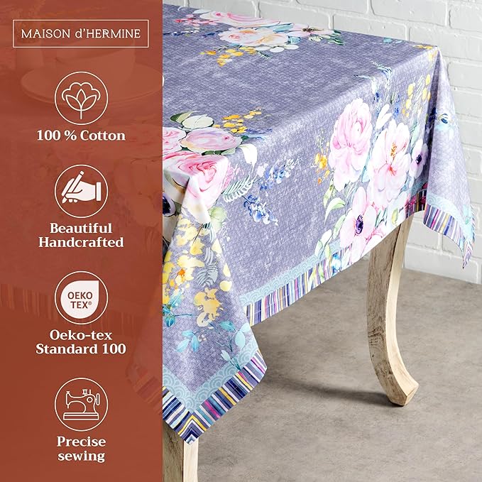 Maison d' Hermine Table Cloth Rectangle Table 100% Cotton 60 x 90 Inches Tablecloth Reusable for Dining Room, Farmhouse, Home, Party, Festive & Wedding Spring Summer - Sweet Rose Lavender - Lush