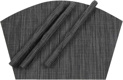 SHACOS Small Round Table Placemats Wedge Placemat Set of 4 Non Slip Heat Resistant Woven Vinyl Table Mats Wipe Clean Indoor Outdoor (4, Black Gray)