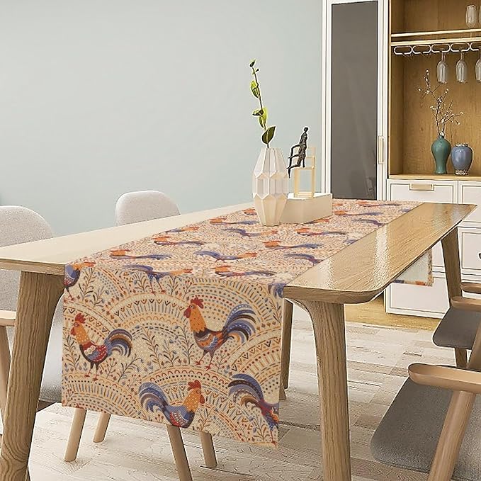 Cute Roosters Table Runner, Boho Rustic Cock Chicken Vintage Arch Floral Plants Print Table Cover for Holiday Kitchen Dining Table Indoor Outdoor Home Party Decor, 13x60inch