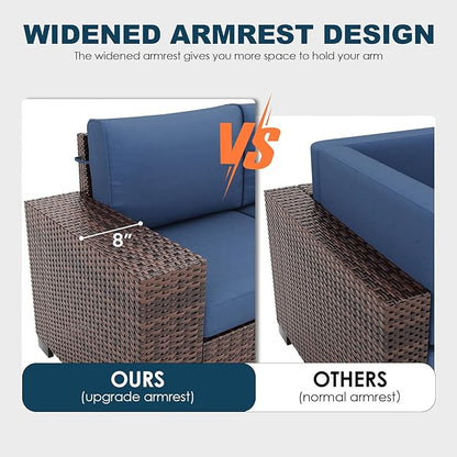 7 Piece Patio Furniture Set with Fire Pit Table, Outdoor Conversation Sets Wicker Rattan Sectional Sofa with Coffee Table, 4'' Thickened Cushion Navy Blue (Include Waterproof Cover)