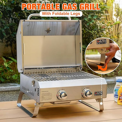Tabletop Gas Grill 2 Burners, 20" Portable Propane Grill with Foldable Legs for Outdoor Patio Backyard Camping Tailgating RV Trip Beach, Stainless Steel Gas Stove 16000BTU, GS322