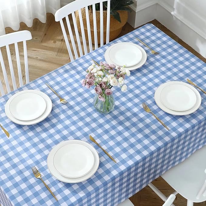 Romanstile Rectangle Vinyl Tablecloth, 100% Waterproof Buffalo Gingham Plastic Table Cloth, Heavy Duty Wipeable Checkered Table Covers for Outdoor, Camping, Picnic, Patio - 60 x 84, Light Blue