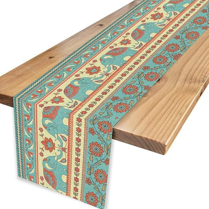 Boho Table Runner, Rustic African Tribe Indian Elephant Diwali India Ethnic Rustic Blue Coffee Table Center Decor for Home Kitchen Dining Patio Holiday Party Outdoor Table Decorations, 13"x72"