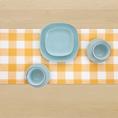 Solino Home Linen Checkered Table Runner 108 Inches Long - 100% Pure Linen Mustard and White Buffalo Check Table Runner 14 x 108 Inch Ideal for Dining, Spring, Easter