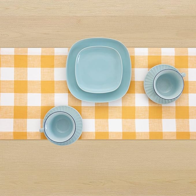 Solino Home Linen Checkered Table Runner 48 Inches - 100% Pure Linen Mustard and White Buffalo Check Short Table Runner 14 x 48 Inch Ideal for Dresser and Coffee Tables, Spring, Easter