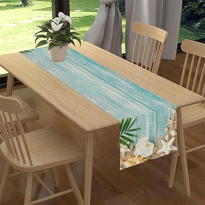 Blue Wooden Starfish Table Runner, Turquoise Tropical Summer Sandy Ocean Beach Coffee Table Center Deco, for Kitchen Family Festival Farmhouse Party and Living Room Table Decorations, 13" X 36"