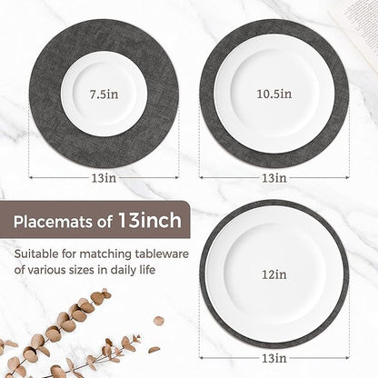 13"Round Placemats Set of 8, Reversible Faux Leather Heat Resistant Table Mats, 100% Waterproof Oilproof Wipeable Table Protective Placemats for Vinyl, Washable for Indoor & Outdoor Use (8, Deep Gray)