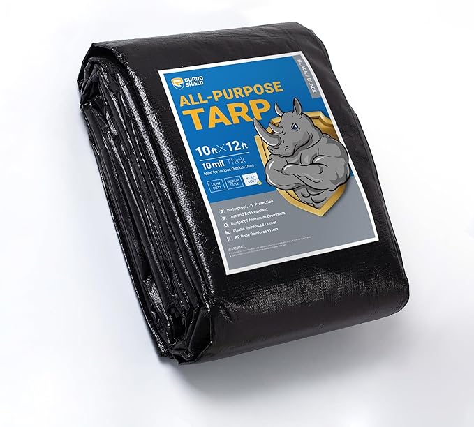 GUARD SHIELD Tarps Heavy Duty Waterproof 10x12 Feet Black Poly Tarp Cover Outdoor Thick UV Resistant Tarpaulin with Grommets 10mil