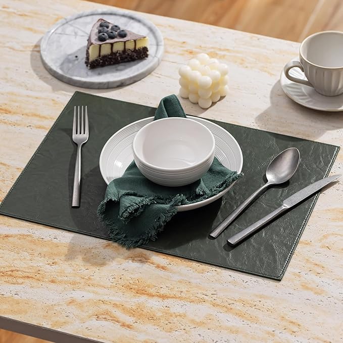 Faux Leather Placemats Set of 6 Vinyl Washable Wipeable Table Mats for Kitchen Dining Table Heat Resistant Waterproof Indoor/Outdoor Placemats Non-Slip Easy Clean Place Mats (Olive Green)