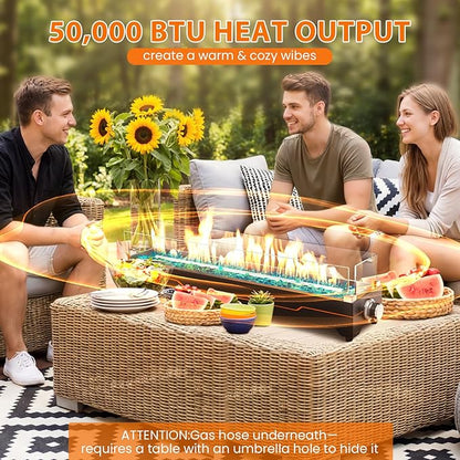 GRISUN 36" Table Top Propane Fire Pit, 50000 BTU Tabletop Gas Fire Pit, Tabletop Firepit for Patio, Outdoor Portable Fireplace, Rectangular Fire Bowl with Glass Wind Guard, Glass Beads & Cover