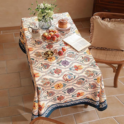 Vintage French Rectangular Tablecloth,Linen Tablecloth with Rose and Cornflower Pattern,Decorative Table Cover for Kitchen,Dining,Thanksgiving,Tea Party,55" × 87"-Lanae