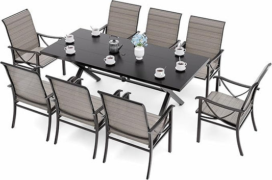 Kurapika 9-Piece Patio Dining Set, Patio Furniture Set for 8, Outdoor Large Metal Table with Umbrella Hole and Textilene Chairs, for Garden, Deck, Porch, Pool All Weather, Brown