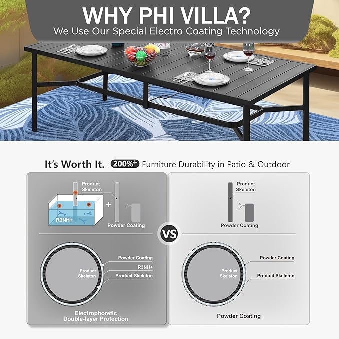 PHI VILLA 9 Piece Patio Dining Set, Patio Furniture Outdoor Dining Set with Adjustable Portable Patio Folding Chairs (Grey) & Large Patio Dining Table for Yard, Garden and Deck