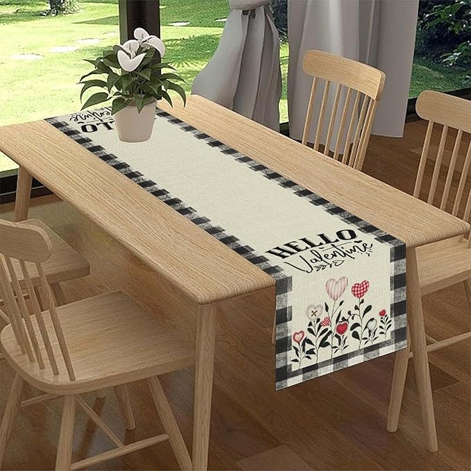 Valentines Day Table Runner,Vintage Rustic Black White Red Heart Buffalo Plaid Table Center Decor for Family Kitchen Living Room Outdoor Farmhouse Party Table Decorations, 13"x36"