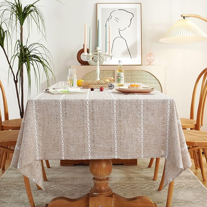 Chassic 60 x 120 inches Farmhouse Style Linen tablecloths, Wrinkle Resistant Washable Dining Room Table Cloths for 8 Foot Rectangle Tables - Hemstitch Light Coffee
