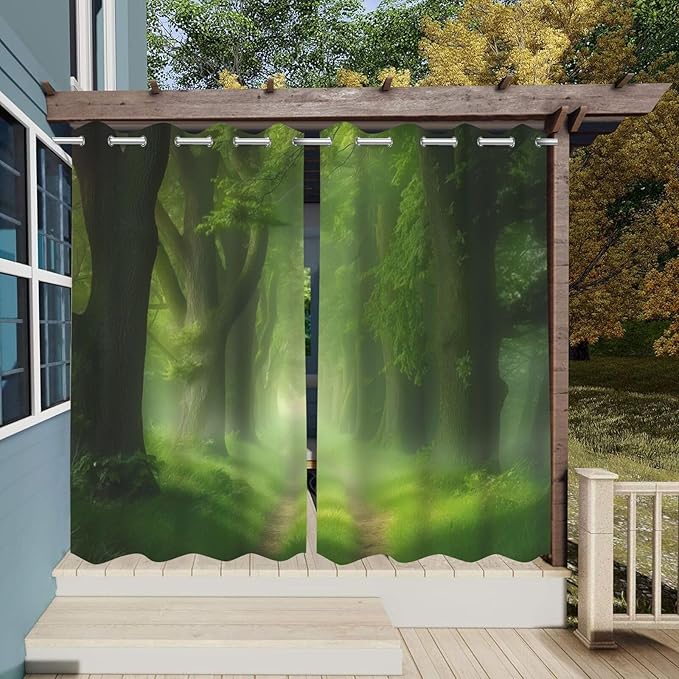 Forest Theme Waterproof Outdoor Curtains for Patio,Dawn Trees Jungle Pattern,Light Filtering Curtains Outside Curtains for Porch, Gazebo, Pergola, Backyard,2 Panels,W54 x L84,Green