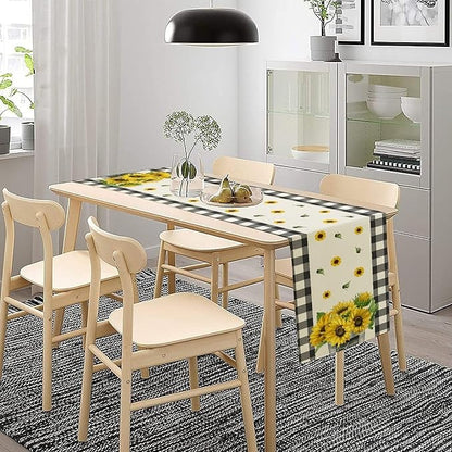 Morden Sunflower Table Runner,White Black Buffalo Plaid Watercolor Summer Flower Plants Leaves Print Table Runner for Kitchen Dining Table Holiday Home Party Decor 13x70in