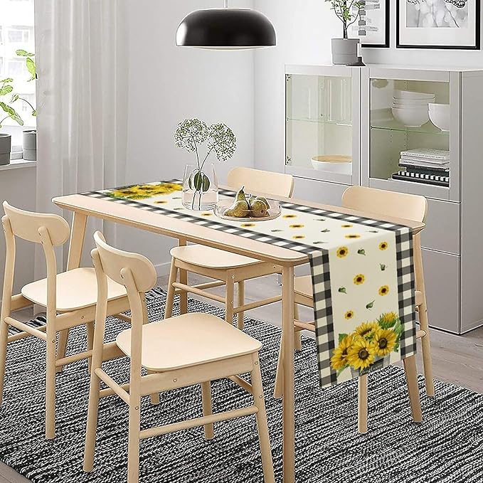 Morden Sunflower Table Runner,White Black Buffalo Plaid Watercolor Summer Flower Plants Leaves Print Table Runner for Kitchen Dining Table Holiday Home Party Decor 13x36in