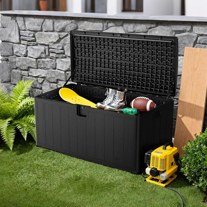 JEKO&JEKO 220 Gallon Outdoor Storage Box Set, 2-Pack 110 Gallon Plastic Deck Boxes with Lockable Lid for Patio, Garden Tools, Outdoor Cushions and Shoes, Black