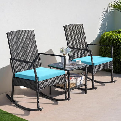 Greesum 3 Pieces Patio Furniture Set Outdoor Wicker Rocking Chairs - Image 3