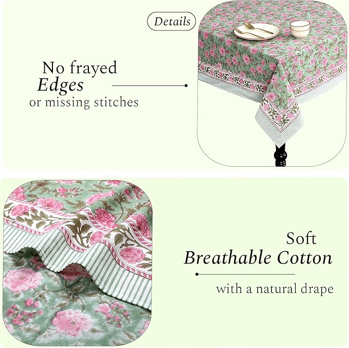 CPC Tablecloth 100% Cotton 72x140 Inch Indian Block Print Rectangle Table Cover, Pink Table Cloth for Weddings, Spring/Summer, Barbeque - Pink Tourmaline
