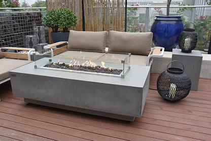 Elementi Granville Fire Pit Bundle Outdoor Firepit Set Includes 60” Propane Concrete Firepit Table, Glass Windscreen, Stainless Steel Cover, Tank Cover, Canvas Cover, Floor Mat, Ice Bucket