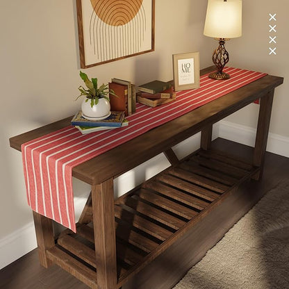 Encasa XO Cotton Dining Table Runner | Roma Red Stripes | Size 13x104 in - Machine Washable & Durable